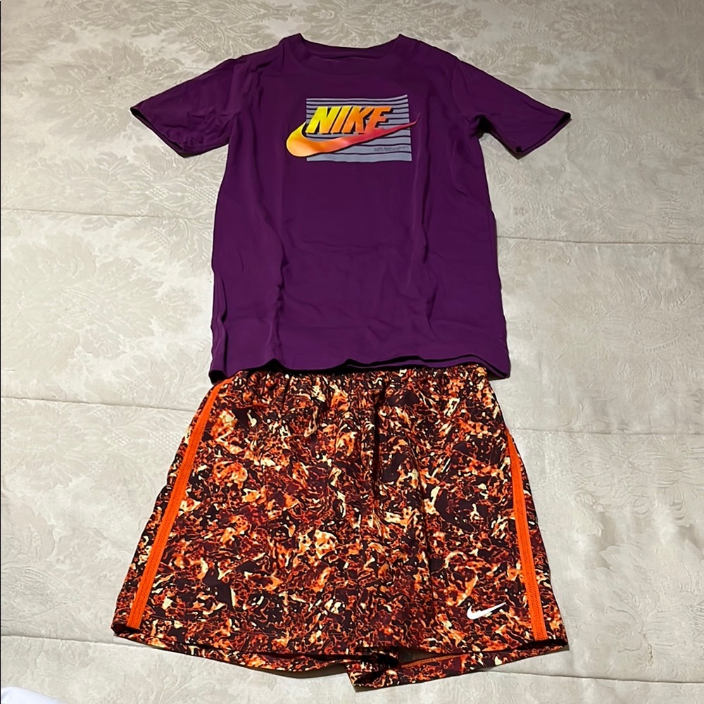 Nike Purple T-Shirt and Orange Patterned Shorts Set